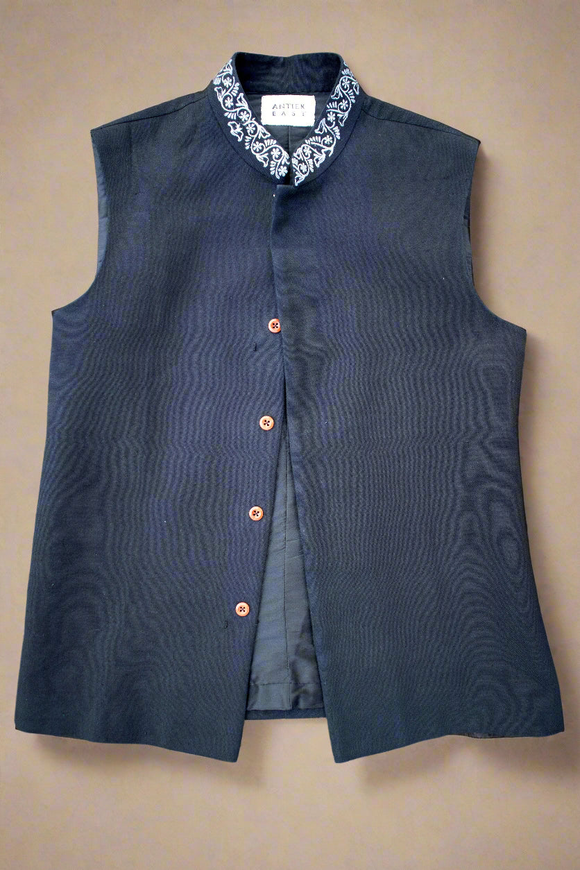 Black Printed Nehru Vest